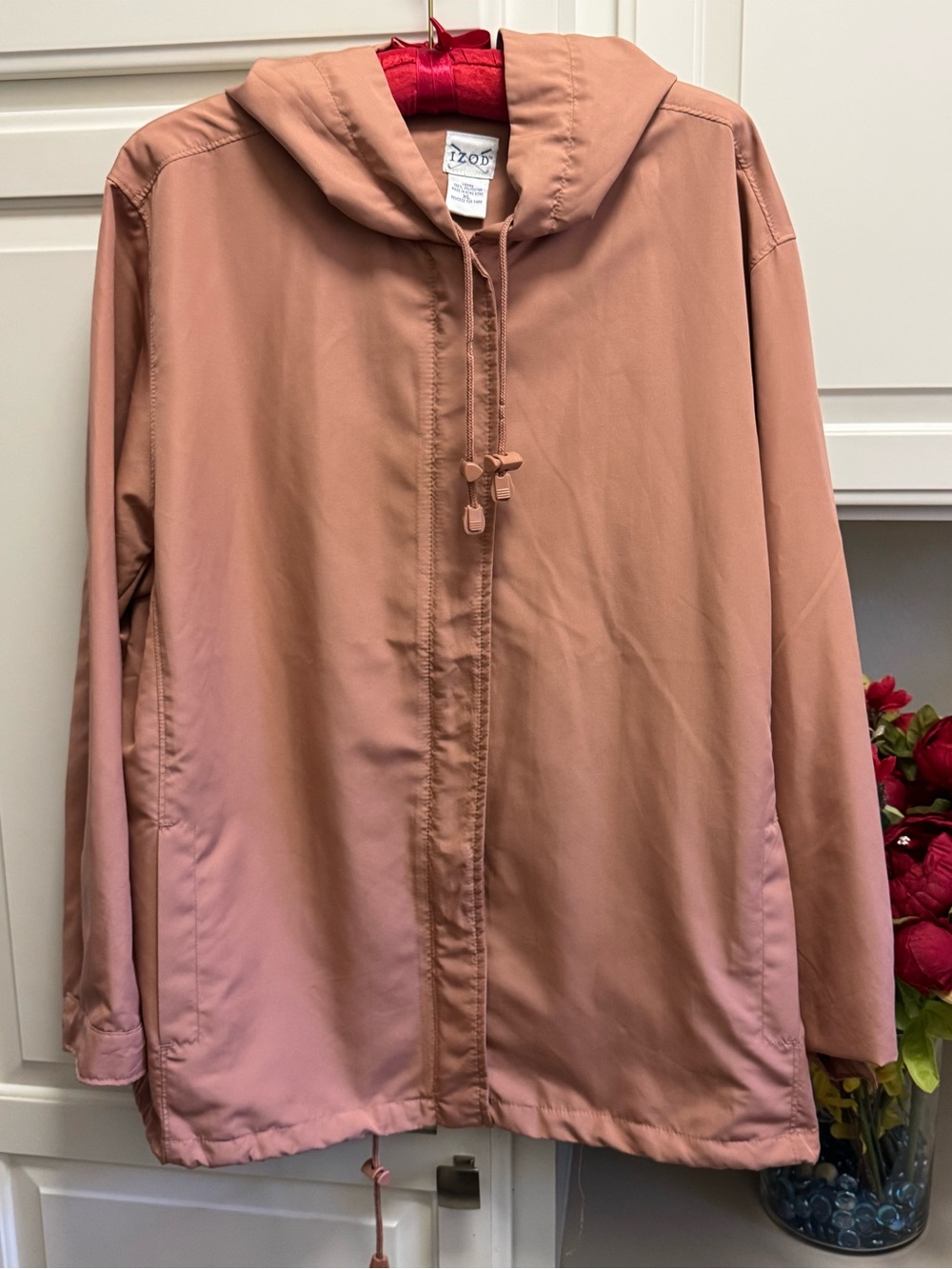 Light Rose Hooded Windbreaker Jacket with cream colored pants
